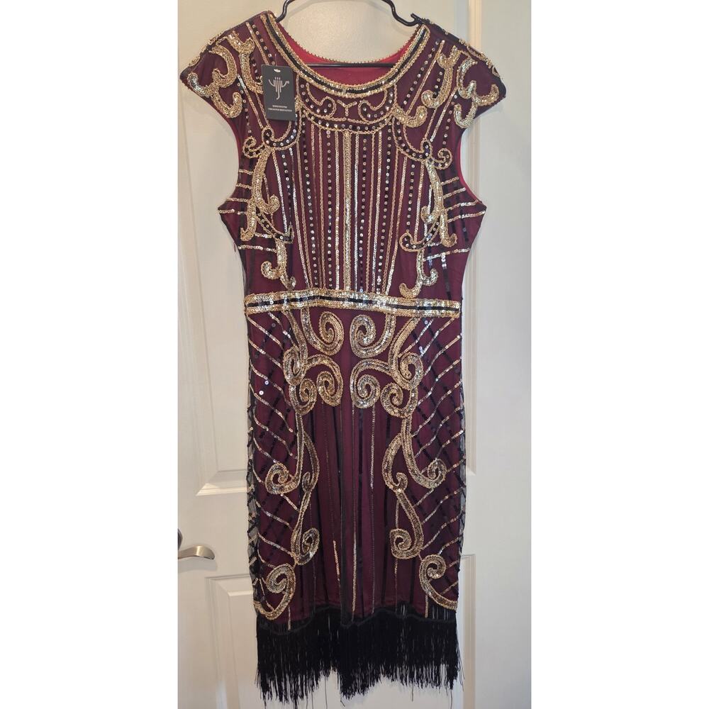 Vijiv Vintahe Dress Size XXL Gold Sequins Detail NWT Fringe Flapper Side Zipper